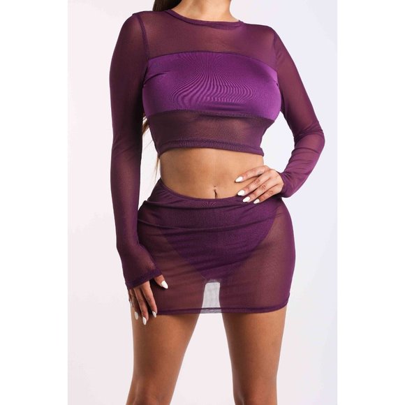 Mesh Contrast Skirt Set Long Sleeve Mock Neck Two Piece Mini Sexy outfit set - Picture 2 of 6